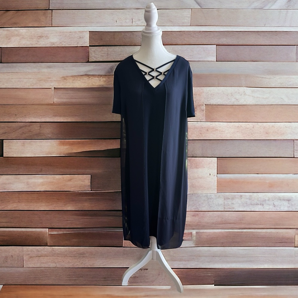 Joseph Ribkoff Navy Blue sheer overlay shift dress crisscross neckline with gold